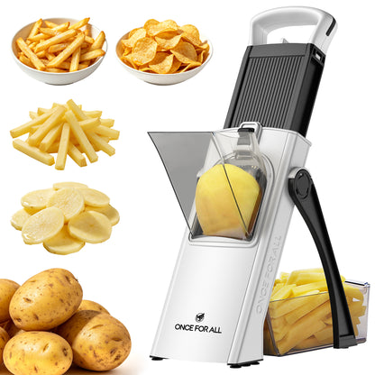 ONCE FOR ALL Potato Slicer for French Fries & Potato Chips, Vegetable Cutter with Food Pusher, Adjustable 0.1–8mm Thickness, Slice, Julienne, Shred & Dice