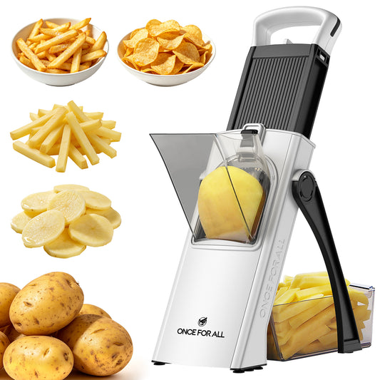 ONCE FOR ALL Potato Slicer for French Fries & Potato Chips, Vegetable Cutter with Food Pusher, Adjustable 0.1–8mm Thickness, Slice, Julienne, Shred & Dice