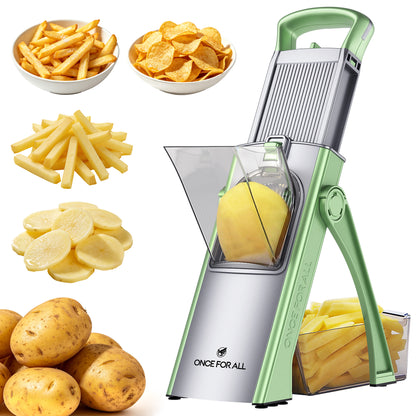 ONCE FOR ALL Potato Slicer for French Fries & Potato Chips, Vegetable Cutter with Food Pusher, Adjustable 0.1–8mm Thickness, Slice, Julienne, Shred & Dice
