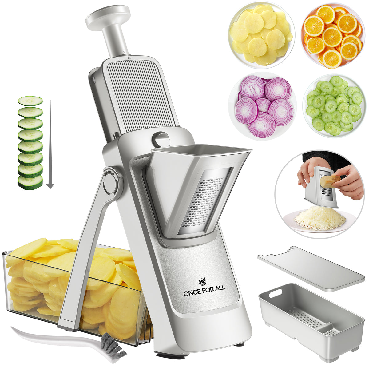 ONCE FOR ALL Adjustable Mandoline Slicer with Container, Vegetable Slicer, Grater for Kitchen, Stainless Steel with 0.1-8mm Thickness & Dishwasher Safe Food Prep Tool