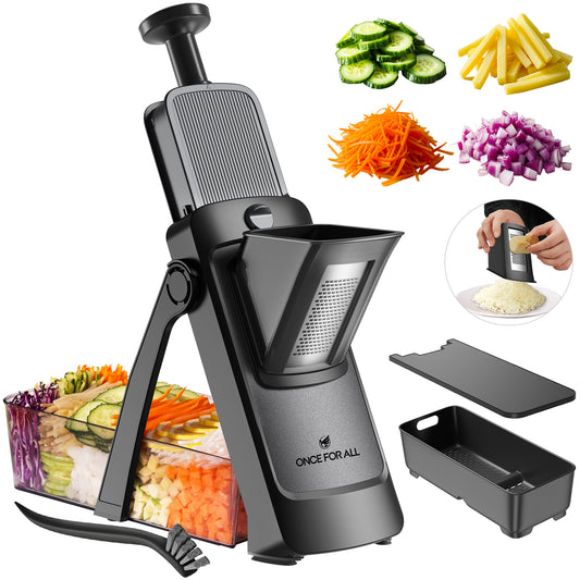 ONCE FOR ALL Vegetable Slicer with Container - Adjustable Mandoline Chopper, Slicer, Dicer, Grater for Kitchen, Stainless Steel with 0.1-8mm Thickness & Dishwasher Safe Food Prep Tool