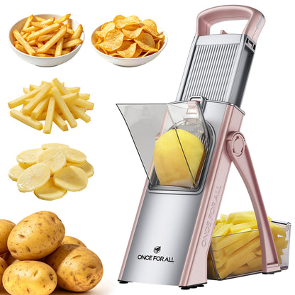 ONCE FOR ALL Potato Slicer for French Fries & Potato Chips, Vegetable Cutter with Food Pusher, Adjustable 0.1–8mm Thickness, Slice, Julienne, Shred & Dice