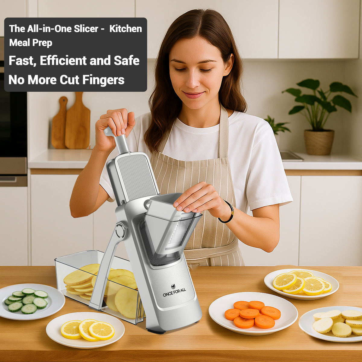 ONCE FOR ALL Adjustable Mandoline Slicer with Container, Vegetable Slicer, Grater for Kitchen, Stainless Steel with 0.1-8mm Thickness & Dishwasher Safe Food Prep Tool