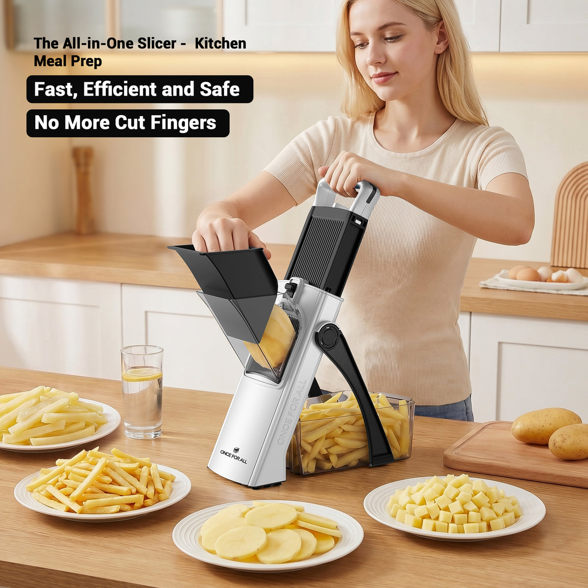 ONCE FOR ALL Potato Slicer for French Fries & Potato Chips, Vegetable Cutter with Food Pusher, Adjustable 0.1–8mm Thickness, Slice, Julienne, Shred & Dice
