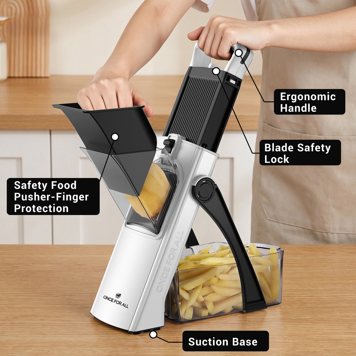 ONCE FOR ALL Potato Slicer for French Fries & Potato Chips, Vegetable Cutter with Food Pusher, Adjustable 0.1–8mm Thickness, Slice, Julienne, Shred & Dice