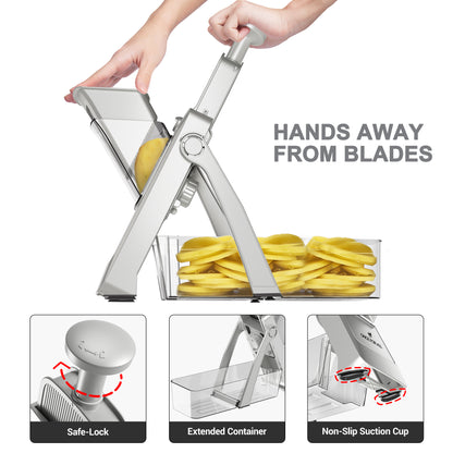 ONCE FOR ALL Adjustable Mandoline Slicer with Container, Vegetable Slicer, Grater for Kitchen, Stainless Steel with 0.1-8mm Thickness & Dishwasher Safe Food Prep Tool